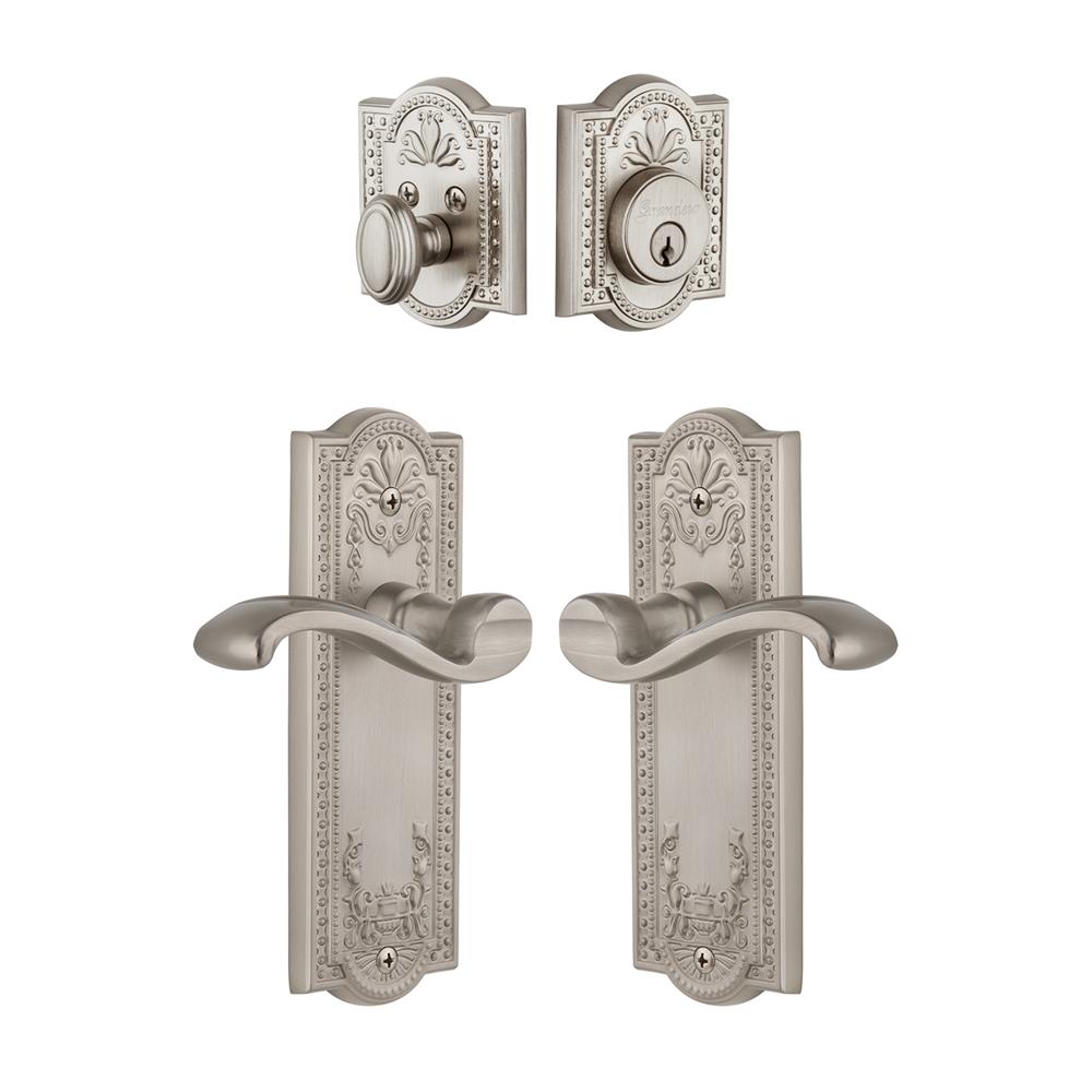 Grandeur by Nostalgic Warehouse Single Cylinder Combo Pack Keyed Differently - Parthenon Plate with Portofino Lever and Matching Deadbolt in Satin Nickel